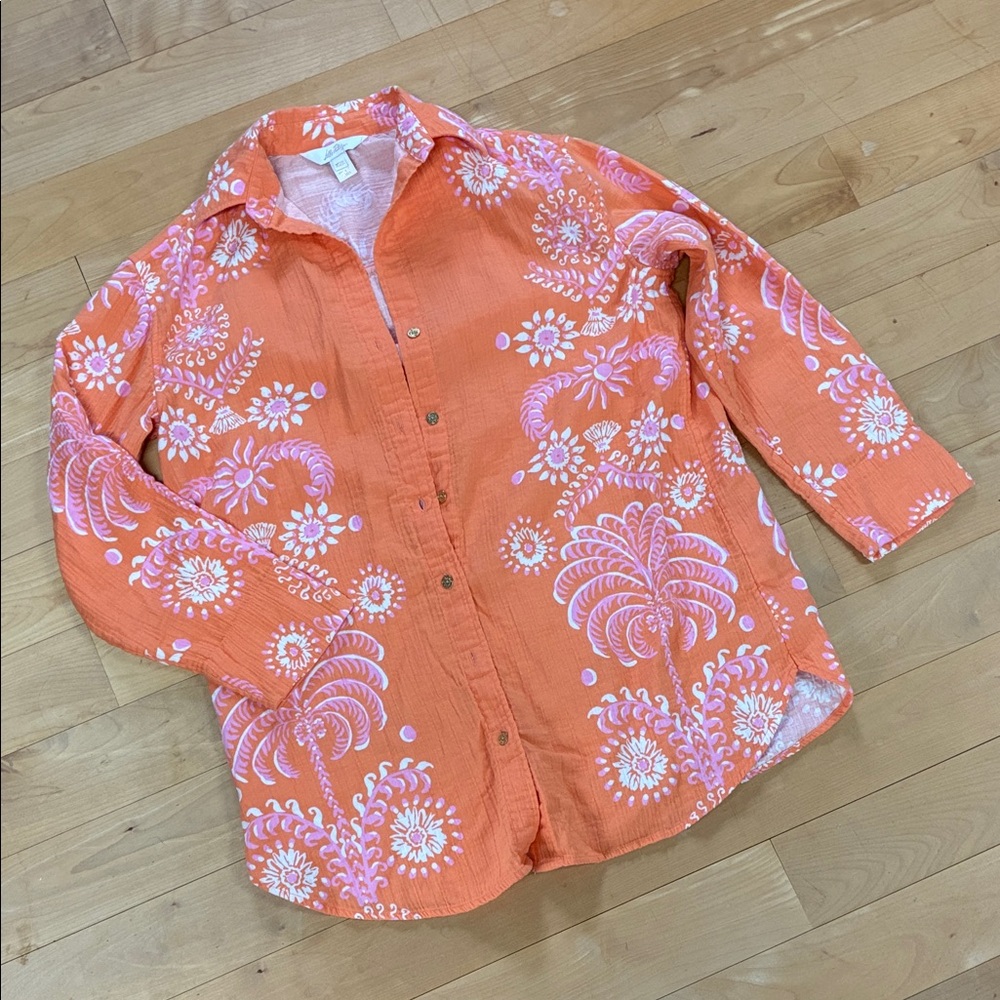 Orange Floral Print Women’s Button-Up Shirt